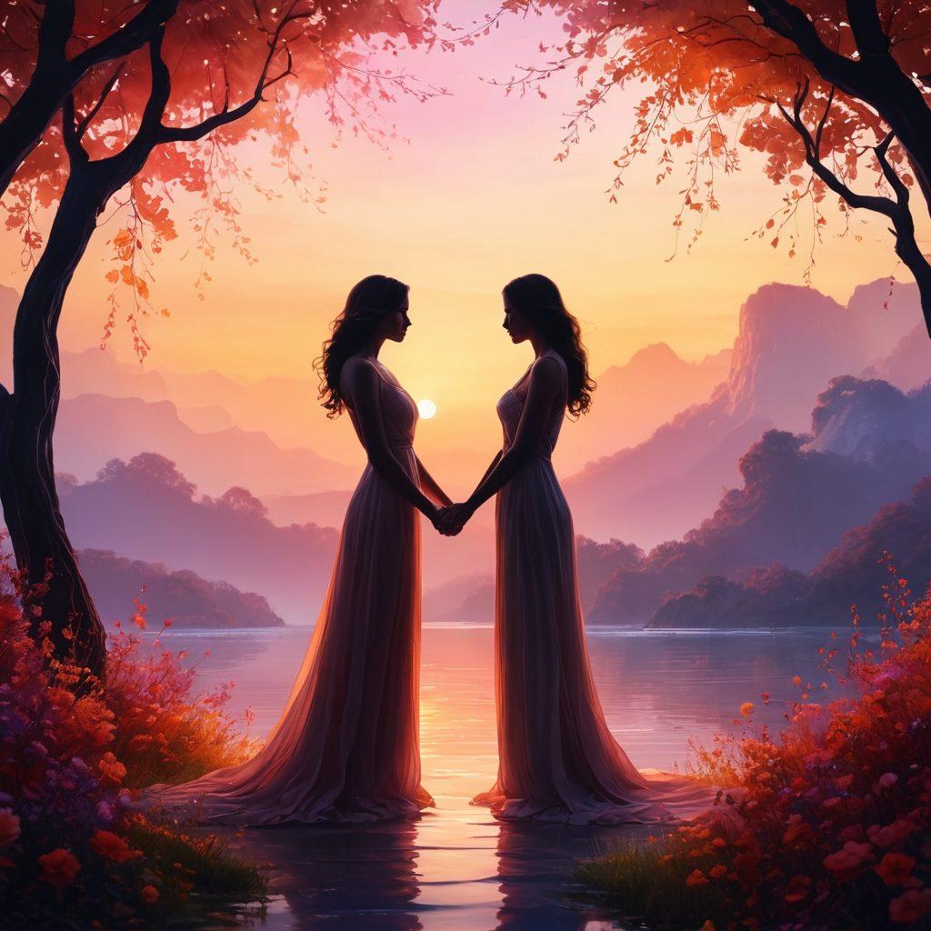 A captivating scene of two intertwined silhouettes, bathed in soft, warm light, representing intimacy and connection. Surround them with abstract, flowing shapes and colors that evoke a sense of aesthetic freedom and passion. Include elements like delicate flowers and ethereal wisps that suggest romance and allure. The backdrop should feature a dreamy, atmospheric landscape to enhance the enchanting mood. super-realistic. vibrant colors. ethereal background.